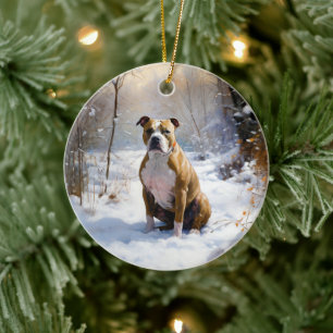 Ornamento De Cerâmica American Staffordshire Deixe Nevar Natal