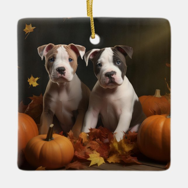Ornamento De Cerâmica American Staffordshire Puppy Autumn Delight (Frente)