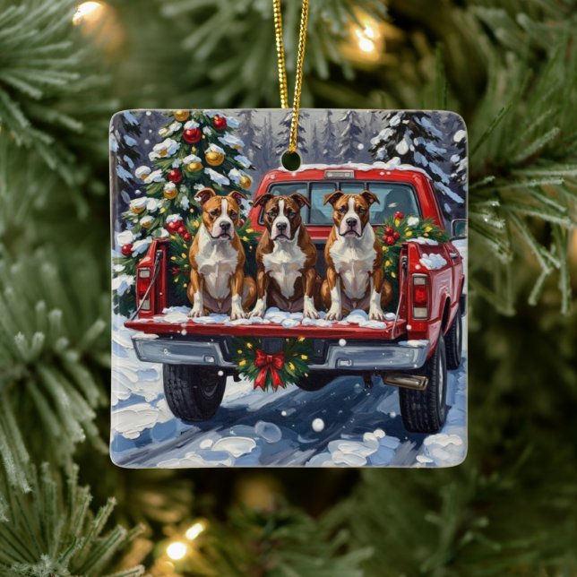 Ornamento De Cerâmica American Staffordshire Terrier Christmas Red Truck (Árvore)