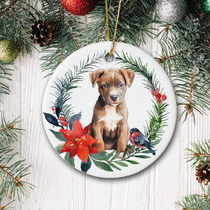Ornamento De Cerâmica American Staffordshire Terrier Puppy Poinsettia