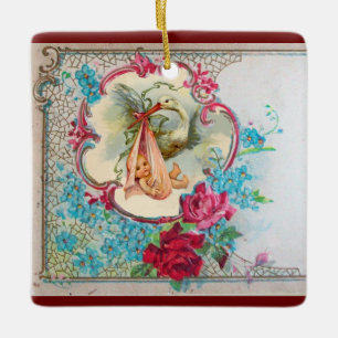 Ornamento De Cerâmica Ametista cor-de-rosa do CHÁ 2 do BEBÉ da CEGONHA