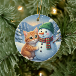 Ornamento De Cerâmica Amigos do Gato e do Boneco de Neve Natal Inverno C