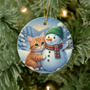 Ornamento De Cerâmica Amigos do Gato e do Boneco de Neve Natal Inverno C