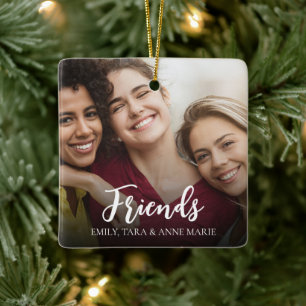 Ornamento De Cerâmica Amigos Foto Vermelha e Branca Personalizada