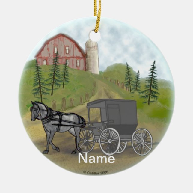 Ornamento De Cerâmica Amish Buggy Devolvendo nome personalizado ornament (Frente)