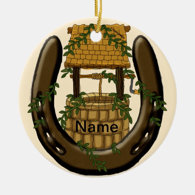Ornamento De Cerâmica Amish Horsfere Wishing Bem apelido personalizado (Frente)