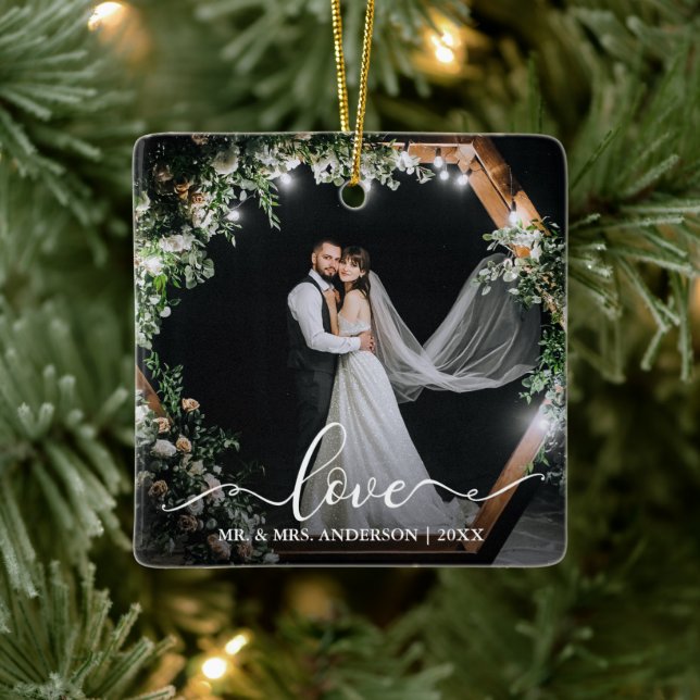 Ornamento De Cerâmica Amor com Fotografia do Casal de Script de Caligraf (Árvore)