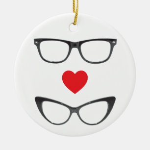 Ornamento De Cerâmica Amor cómico do geek - coração & Eyeglasses