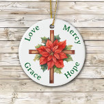 Ornamento De Cerâmica Amor Compaixão Grace Hope Poinsettia Cross Christm<br><div class="desc">A cruz de madeira neste Enfeites de natal tem uma poinsettia vermelha brilhante que floresce no seu centro. O texto verde em volta diz "Love Compaixão Grace Hope" Em sua casa durante a temporada de Férias, este ornamento é um lembrete do que a estação é. Ambos os lados do ornamento...</div>