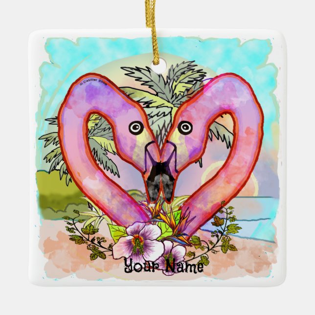 Ornamento De Cerâmica Amor de Flamingo  (Frente)