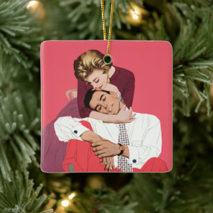 Ornamento De Cerâmica Amor e Romance Vintage, Recém-Casados em Rosa