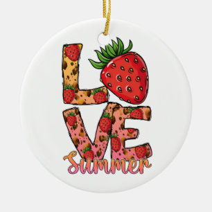 Ornamento De Cerâmica Amor e Verão   Rosa e Castanho   Morango Fresco