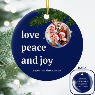 Ornamento De Cerâmica Amor Paz Alegria Natal Família Foto Azul Marinho