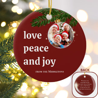 Ornamento De Cerâmica Amor Paz Alegria Natal Família Foto Vermelho Burgu