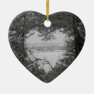 Ornamento De Cerâmica Amor Preto e Branco Foto do Coração de Neve Natal