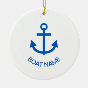 Ornamento De Cerâmica Anchor Blue Personalizou o nome do seu barco White