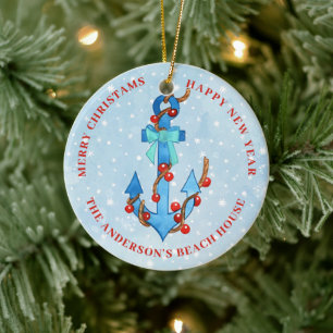 Ornamento De Cerâmica Âncora de Natal em Aquarela com Arco de Luzes Náut