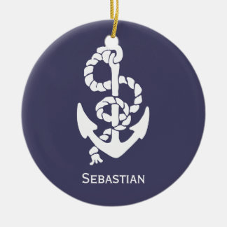 Ornamento De Cerâmica Âncora E Corda Náuticas, Azul E Branco