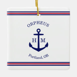 Ornamento De Cerâmica Âncora Náutica Personalizada (branco, azul e verme
