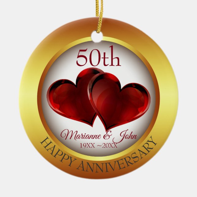 Ornamento De Cerâmica Anel Dourado E Corações Vermelhos (Frente)