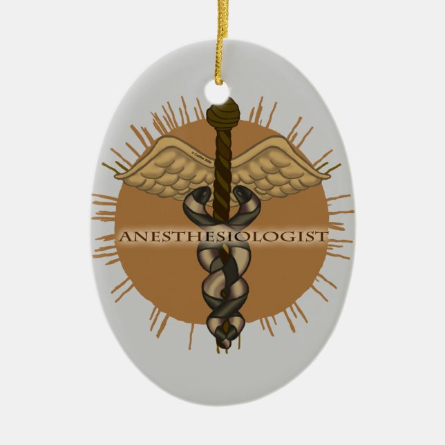 Ornamento De Cerâmica Anestesiologista Caduceus Oval Ornament (Frente)