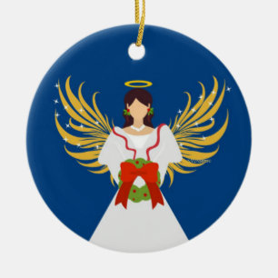 Ornamento De Cerâmica Angel Blue Red Wreath Wings Halo Stars Presente