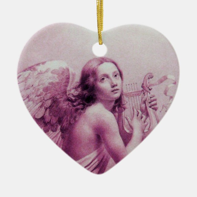 Ornamento De Cerâmica ANGEL JOGANDO LYRA SOBRE AS NUVENS DE rosa (Frente)