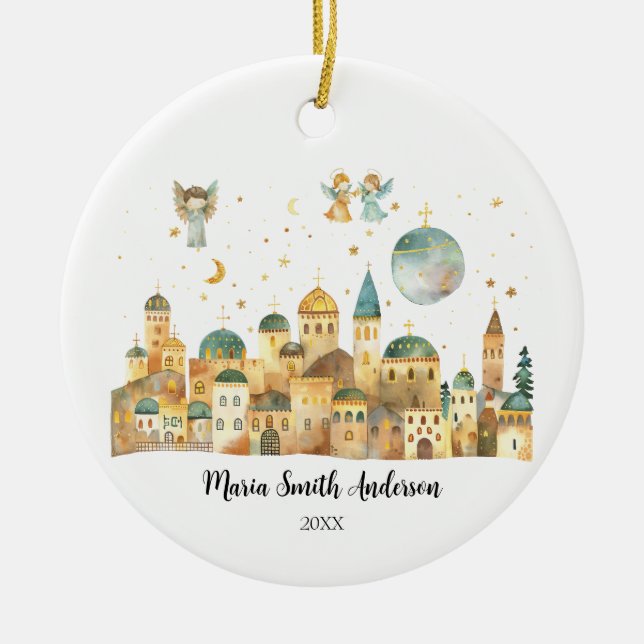 Ornamento De Cerâmica Ângulos em Jerusalém Veem Cena de Natal (Frente)