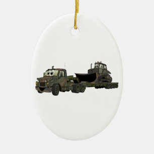 Ornamento De Cerâmica Animação Semi Bulldozer Militar Flatbed