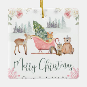 Ornamento De Cerâmica Animais Caprichosos da Floresta no Trenó de Natal