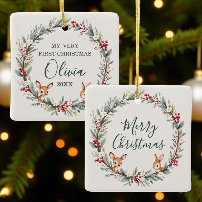 Ornamento De Cerâmica Animais da Floresta Bebê Primeiro Feliz Natal (Criador carregado)