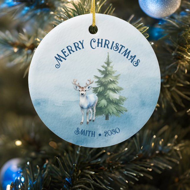 Ornamento De Cerâmica Animais de floresta e Reindet - Natal azul (Reindeer woodland animals christmas ornament front)
