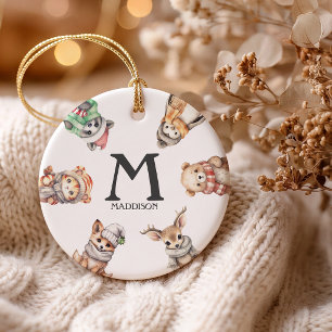 Ornamento De Cerâmica Animais de Inverno com Monograma Personalizado Nat