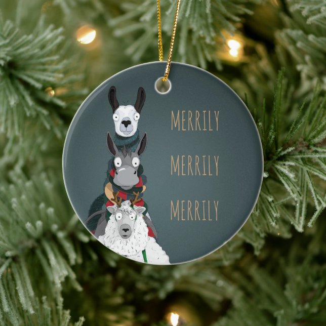 Ornamento De Cerâmica Animais de inverno "Merrily Merrily Merrily Merril (Árvore)