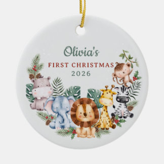 Ornamento De Cerâmica Animais de Safari em Aquarela Primeiro Natal Bebê