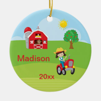 Ornamento De Cerâmica Animais felizes Brown do trator do celeiro da