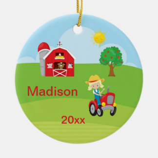 Ornamento De Cerâmica Animais felizes do trator do celeiro da menina de