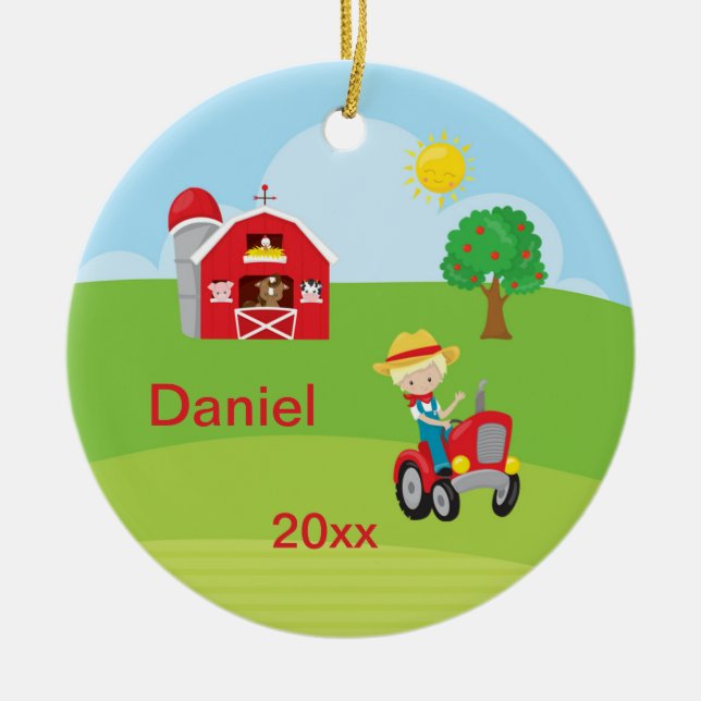 Ornamento De Cerâmica Animais felizes do trator do celeiro do menino de (Frente)