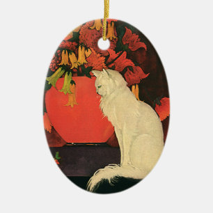 Ornamento De Cerâmica Animais Vintage, Gato Branco Elegante, Flores de O