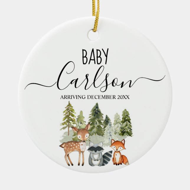 Ornamento De Cerâmica Animais Woodland Bebê Revela Gravidez Pinheira (Frente)