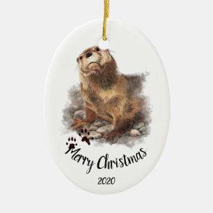 Ornamento De Cerâmica Animal de lontra com aquarela de Natal datada e pe