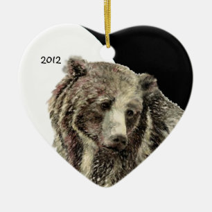 Ornamento De Cerâmica Animal de urso grizzly com aquarela com data perso