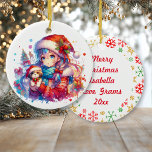 Ornamento De Cerâmica Anime Girl in Santa Hat Watercolor Christmas<br><div class="desc">Uma garota de anime de aquarela com um Enfeites de natal personalizado de cachorro. No verso do ornamento você pode editar o texto na área personalizada,  com flocos de neve bonito vermelhos,  dourados e verdes.</div>