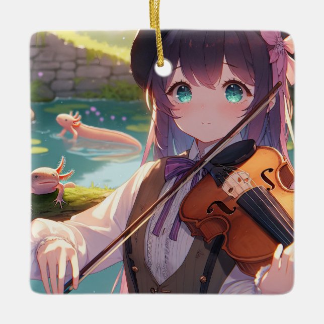 Ornamento De Cerâmica Anime Girl tocando violino e Axolotls (Frente)