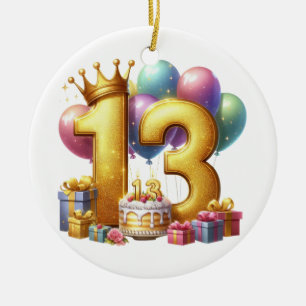 Ornamento De Cerâmica Aniversário de 13 anos dourado