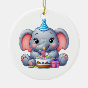 Ornamento De Cerâmica Aniversário de 1 ano do Elefante Bebê