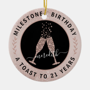 Ornamento De Cerâmica aniversário de 21 anos Blush Glitter Champagne T