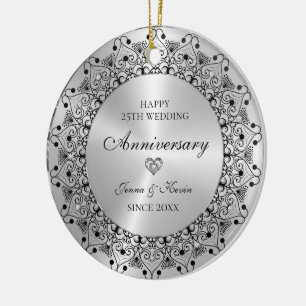 Ornamento De Cerâmica Aniversário de 25 anos de Casamento Mandala Preta