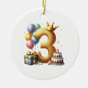 Ornamento De Cerâmica Aniversário de 3 anos dourado