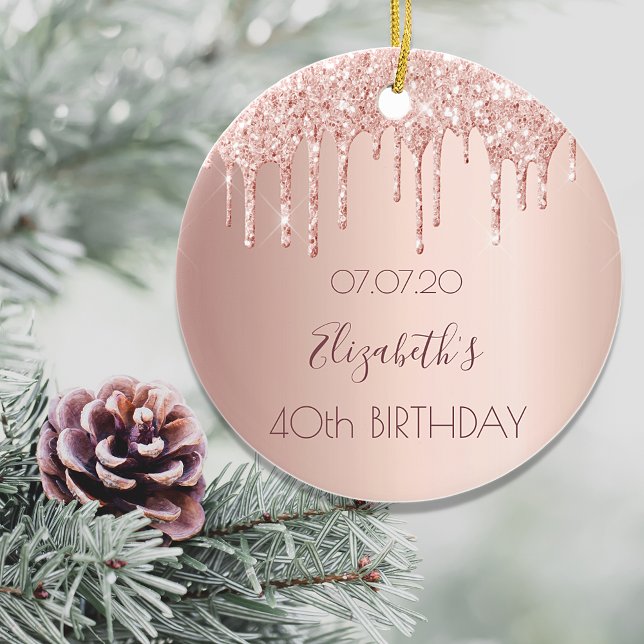 Ornamento De Cerâmica aniversário de 40 anos blush rosa dourado glitter  (Criador carregado)